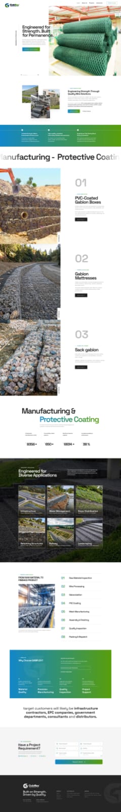 Full-page Gabiflex website image featuring gabion products, manufacturing, applications, and project information